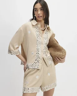 Beige Sequin Embellished Beach Shirt