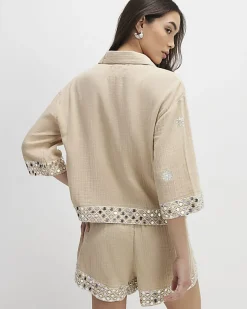 Beige Sequin Embellished Beach Shirt