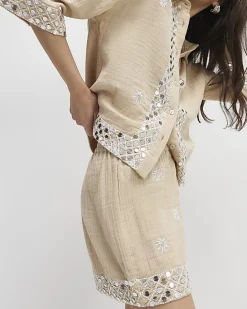 Beige Sequin Embellished Shorts
