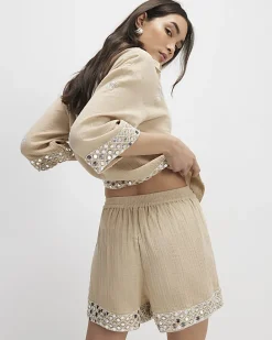 Beige Sequin Embellished Shorts