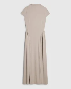 Beige Short Sleeve Fitted Waist Maxi Dress