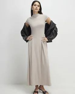 Beige Short Sleeve Fitted Waist Maxi Dress