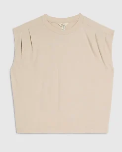 Beige Short Sleeve Pleat Shoulder T-shirt