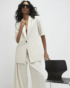 Beige Short Sleeve Pocket Blazer