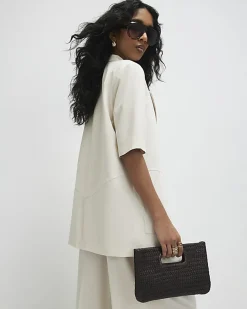 Beige Short Sleeve Pocket Blazer