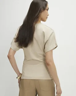 Beige Short Sleeve Ruched Front Top