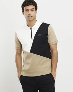 Beige Slim Fit Blocked Crew Neck T-Shirt