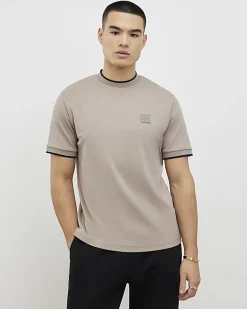 Beige Slim Fit Interlock Crew Neck T-Shirt