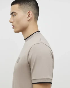 Beige Slim Fit Interlock Crew Neck T-Shirt