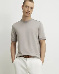 Beige Slim Fit Knitted Short Sleeve T-Shirt