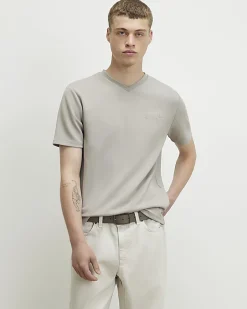 Beige Slim Fit Midweight V Neck T-Shirt