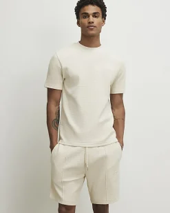 Beige Slim Fit Textured T-Shirt & Shorts Set
