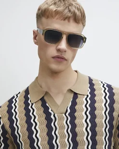 Beige Slim Fit Wavy Stripe Polo Shirt