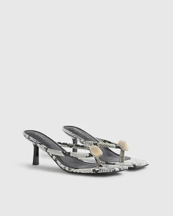Beige Snake Print Toe Thong Heeled Sandals