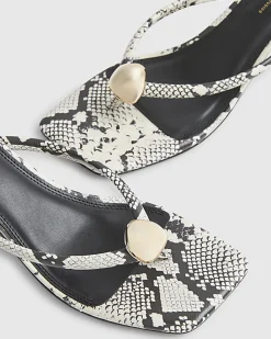 Beige Snake Print Toe Thong Heeled Sandals