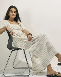 Beige Stripe Linen Blend Shirred Midi Dress