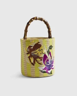 Beige Striped Embroidered Bucket Bag