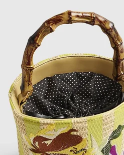 Beige Striped Embroidered Bucket Bag