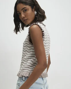 Beige Striped Knit Collared Tank Top