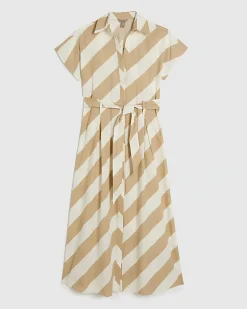 Beige Striped Midi Shirt Dress