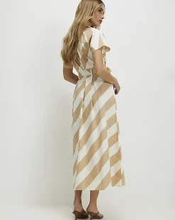 Beige Striped Midi Shirt Dress