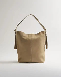 Beige Suede Buckle Slouch Bag