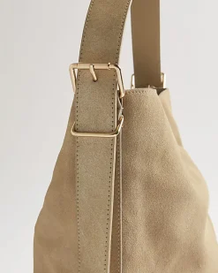 Beige Suede Buckle Slouch Bag