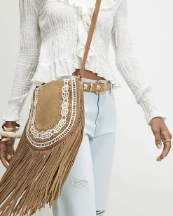 Beige Suede Embroidered Fringe Crossbody Bag