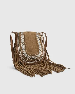 Beige Suede Embroidered Fringe Crossbody Bag