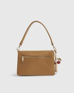 Beige Tab Front Cherry Charm Shoulder Bag