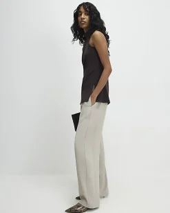 Beige Tailored Drawstring Wide Leg Trousers