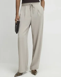 Beige Tailored Drawstring Wide Leg Trousers