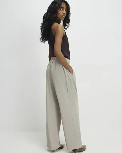 Beige Tailored Drawstring Wide Leg Trousers
