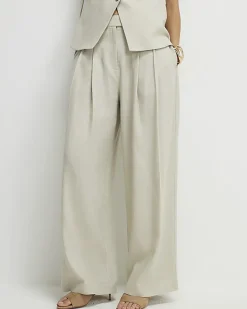 Beige Tailored Wide Leg Trousers