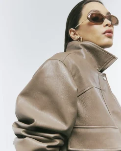 Beige Textured Faux Leather Bomber Jacket