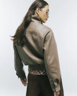 Beige Textured Faux Leather Bomber Jacket