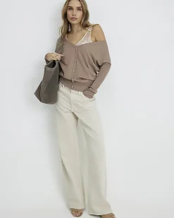 Beige V Neck Button Jumper