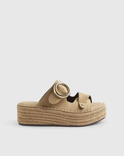Beige Wide Fit Buckle Strap Wedge Sandals