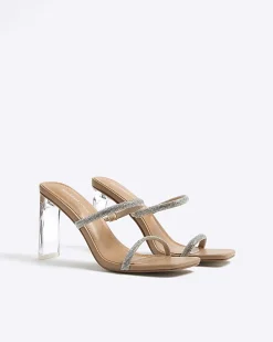 Beige Wide Fit Diamante Strap Heeled Sandals