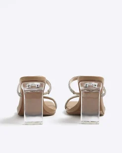 Beige Wide Fit Diamante Strap Heeled Sandals