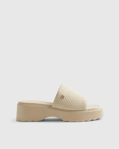 Beige Wide Fit Knitted Mule Flatform Sandals