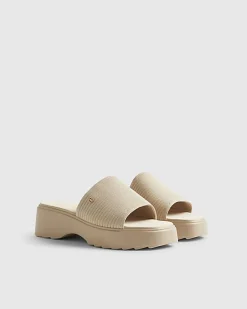 Beige Wide Fit Knitted Mule Flatform Sandals