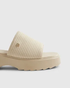 Beige Wide Fit Knitted Mule Flatform Sandals