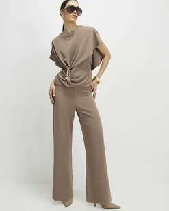 Beige Wide Leg Trousers