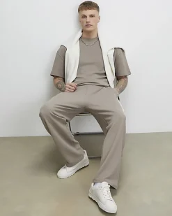 Beige Wide Leg Waffle Textured Joggers