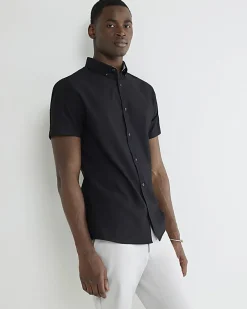 Black Textured Muscle Fit Short Sleeve Shirt