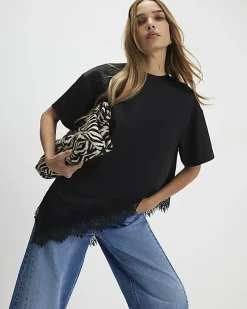 Black Asymmetric Lace Satin T-Shirt