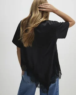 Black Asymmetric Lace Satin T-Shirt