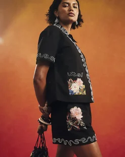Black Beaded Floral Shorts