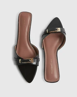 Black Buckle Pointed Heeled Mules